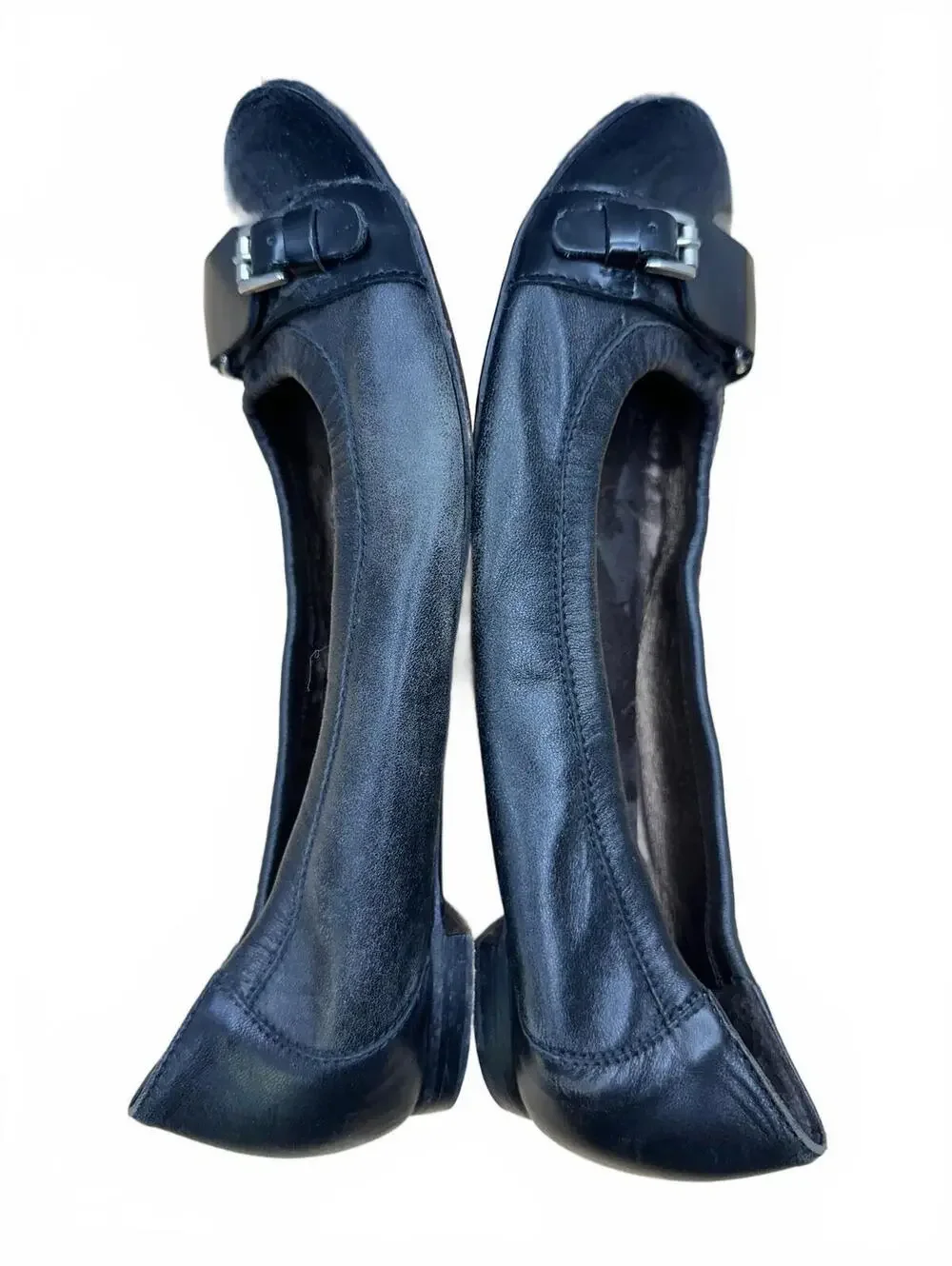 AGL Black Leather Ballet Flats with Patent Toe Cap and Buckle Detail